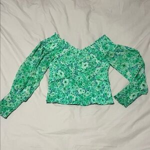 BB Dakota Green Floral Smocked Off-Shoulder Blouse